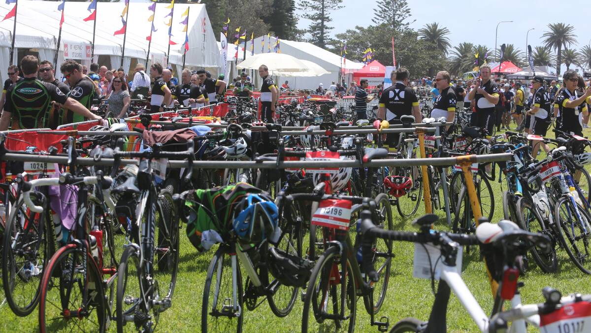 Bikes parked at Lang Park in Wollongong at the end of the race. Photo: Robert Peet