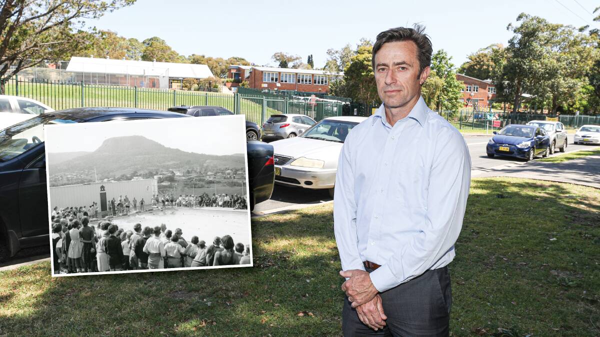 Former student Mark Johnston in front of Wollongong West Public School and, inset, a swimming carnival at the school in 1963. Picture by Robert Peet