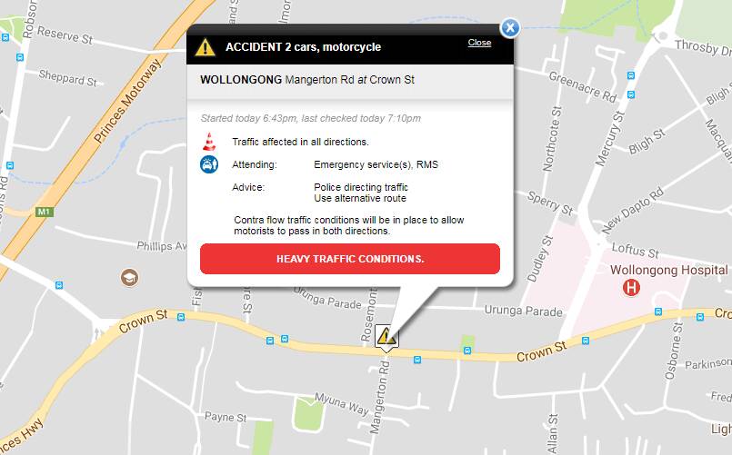Heavy traffic after motorcycle, cars crash in Wollongong