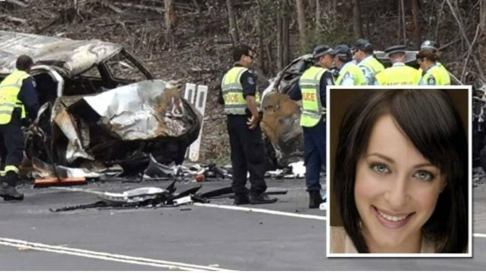 The scene of the Princes Highway accident, and (inset) actor Jessica Falkholt. Her sister and parents were killed in the crash.