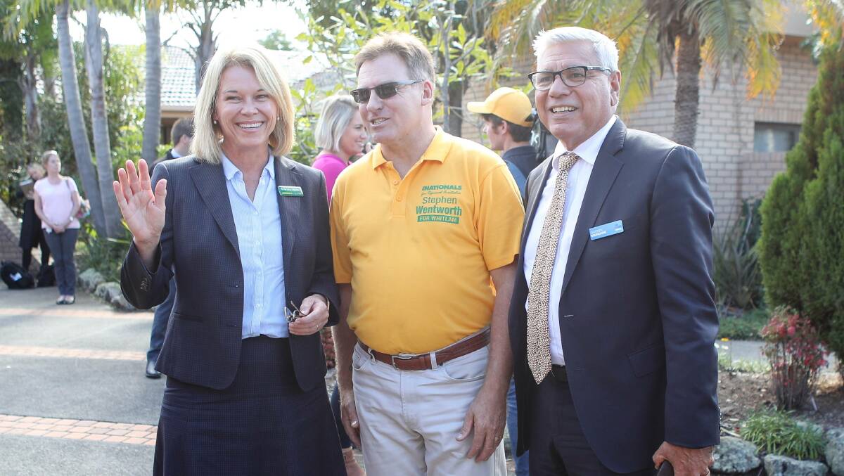 Gilmore candidates Katrina Hodgkinson (National) and Warren Mundine (Liberal) with Whitlam candidate Stephen Wentworth (National, centre) at Shellharbour Hospital on Monday. Photo: Adam McLean
