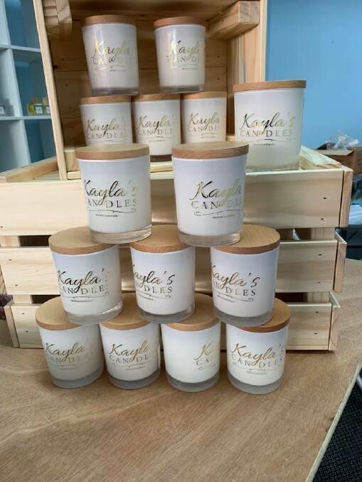 Kayla's soy candle fragrances include fresh coffee, mint choc chip, mocha and bubblegum.
