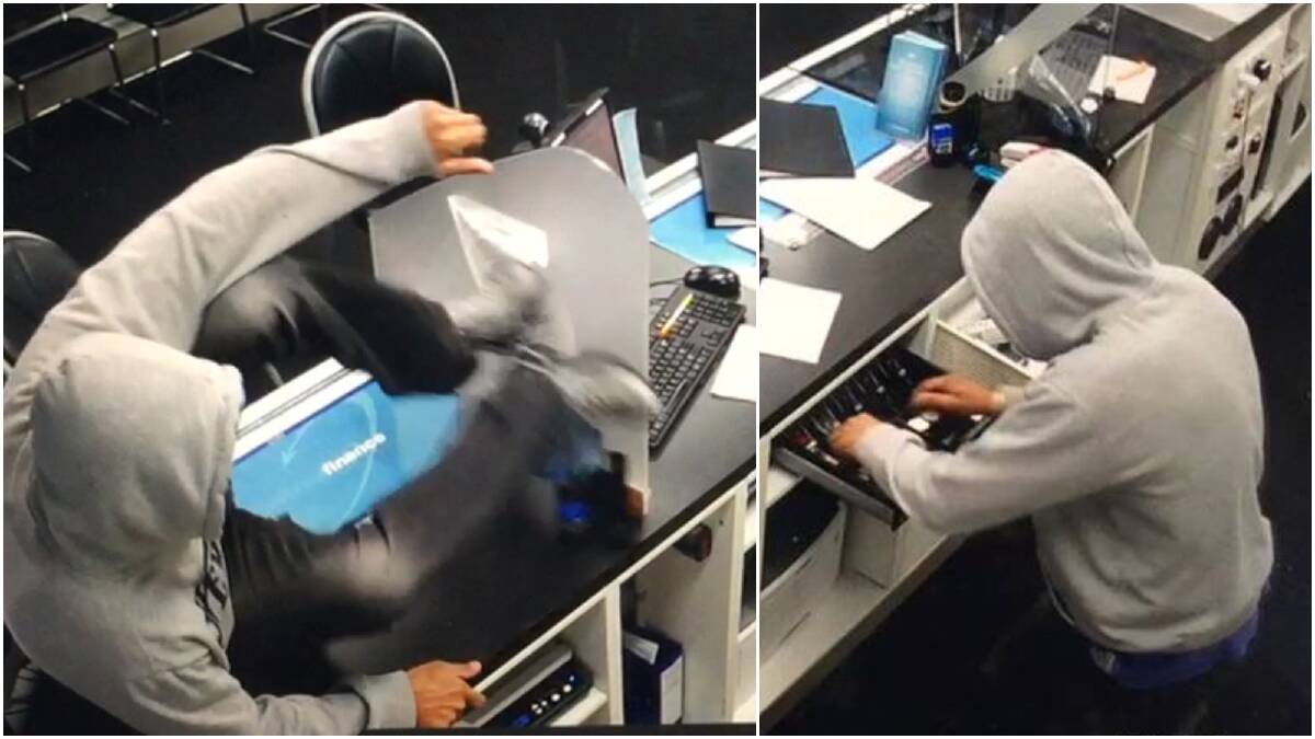 Caught red-handed: CCTV footage shows Ian Hammond with his hands in the till - literally. The 47-year-old announced his intent with the classic quote 'this is a robbery'.