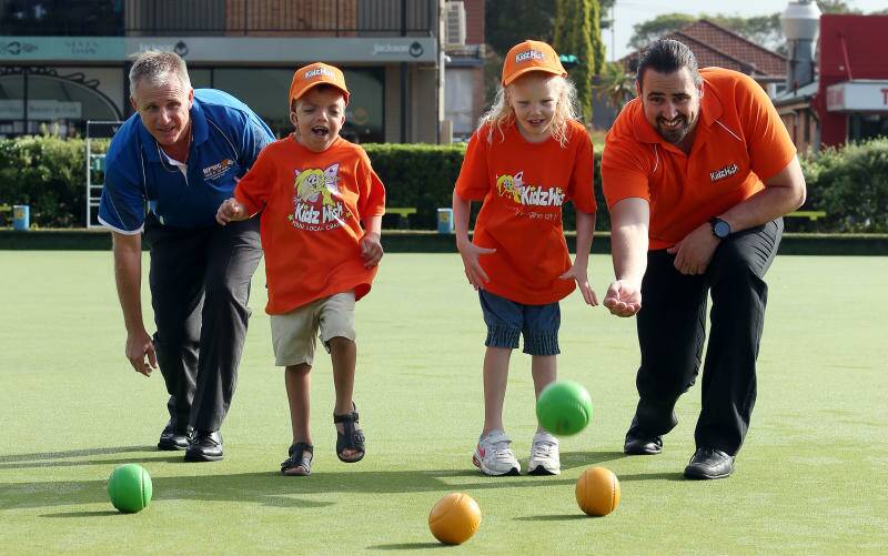 Wiseman Park Bowling Club CEO Peter Bott, KidzWish ambassadors Ben Giudice and Denver Spencer and community events manager Beau Thatcher get ready for the upcoming Bowls Day. Picture: Robert Peet