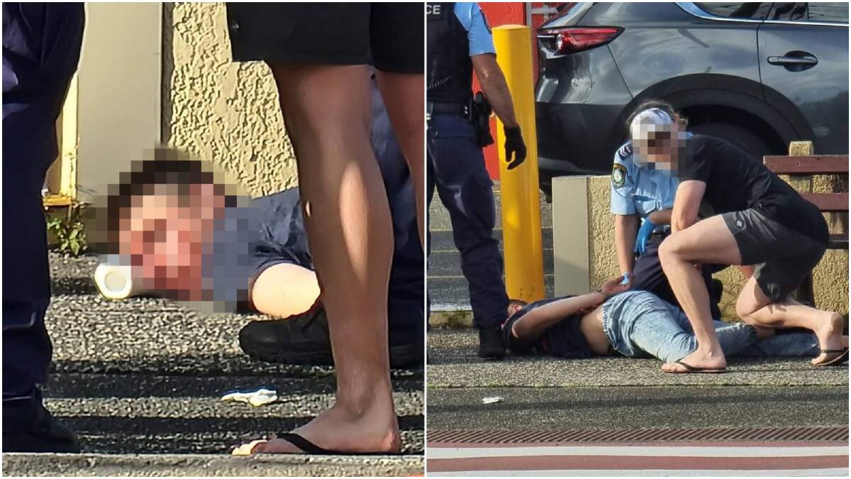 A man suffering facial injuries is arrested in Woonona. Photos: supplied