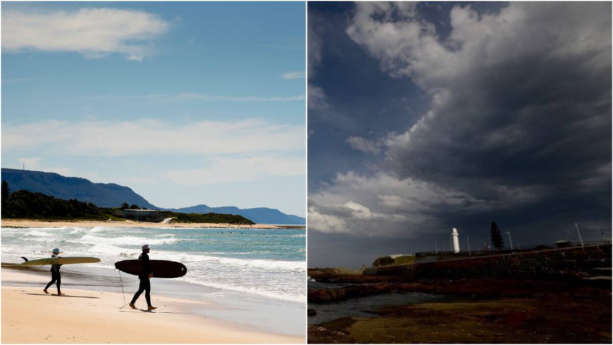 Residents enjoying the conditions at Sandon Point Beach on Thursday morning, and stormy skies looking south from Wollongong in the afternoon. Photos: Anna Warr, Adam McLean