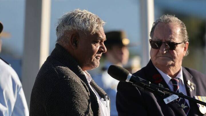 Dhawaral elder Uncle Richard Davis, left, and Warilla RSL Sub-branch president Kim Kearney at the Anzac Day service at Shellharbour. Picture by Sylvia Liber