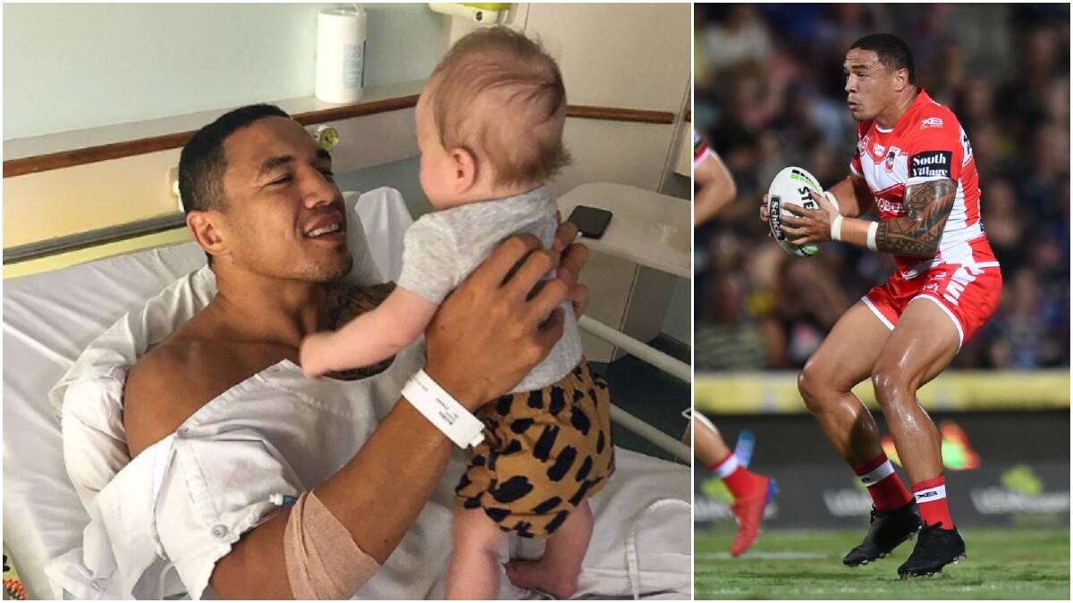 "Not an ideal start to the 2019 season but so grateful to have you @sammy__friz and the little man by my side to put a smile on my my face," Frizell posted on his Instagram page. Right: Frizell before he was injured in Saturday night's game. NRL Imagery/Scott Davis
