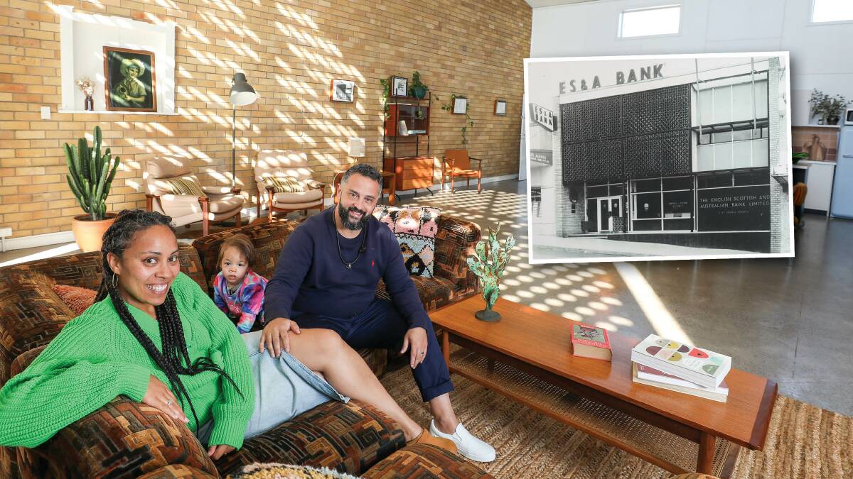 Tanya Van Der Water, Cesar Bassi and their son Reign Bassi at home in the old Port Kembla bank vault. Pictures by Adam McLean.