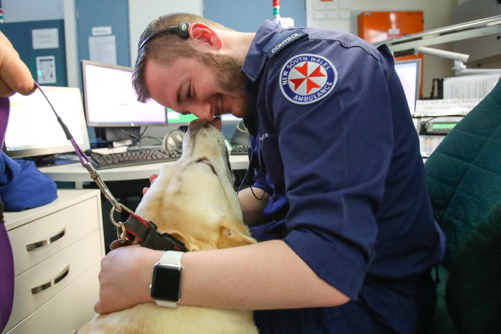 Dispatcher Chris Trood meets Gracie in between calls at the Barrack Heights call centre.