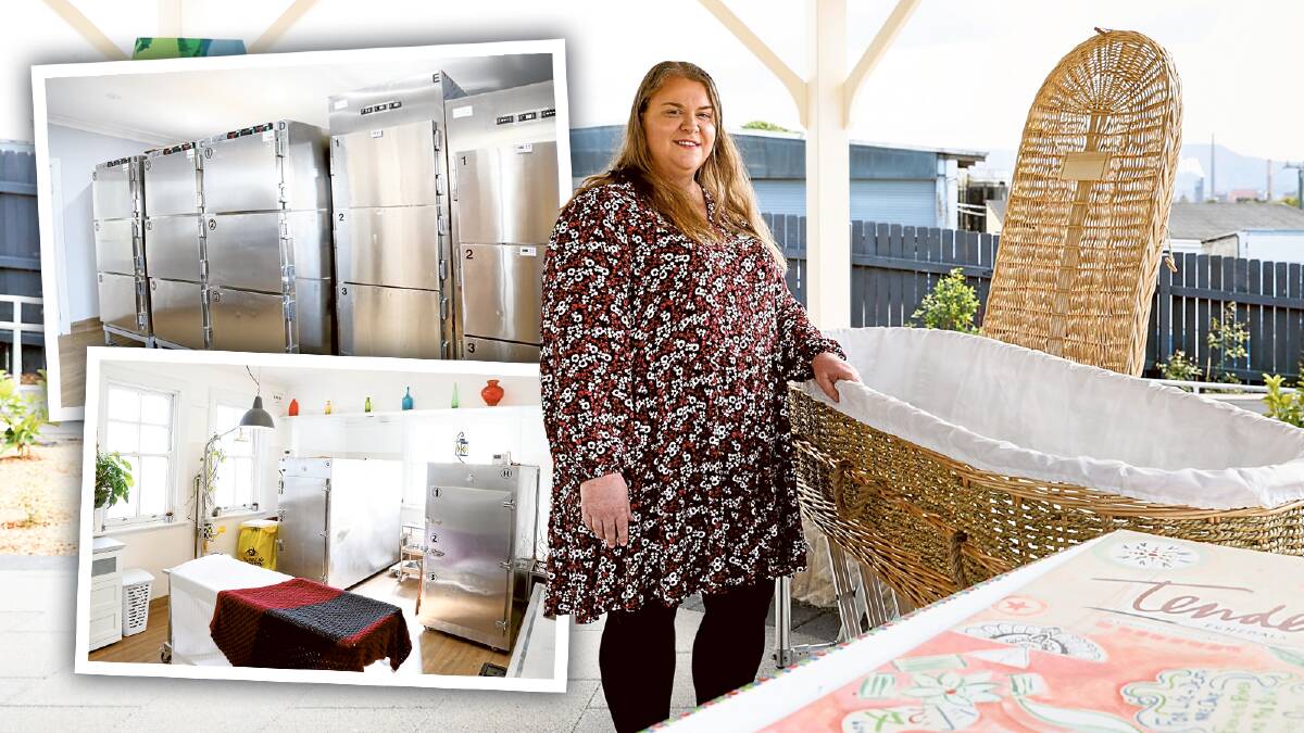 Funeral director Jade Kelly with (top right) the fridge room and (bottom right) the wash and dress room. Pictures by Anna Warr