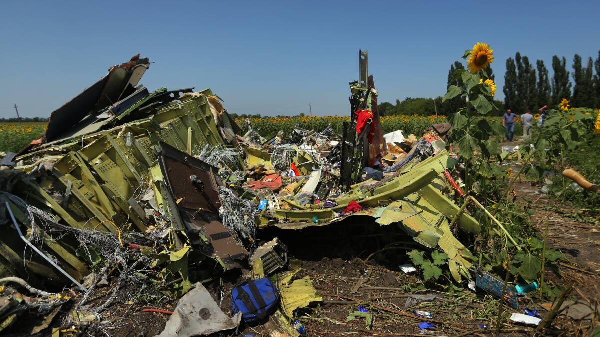 Debris from the front section of Malaysian flight MH17 on the outskirts of Rassypnoe village in the self proclaimed Donetsk People's Republic, Ukraine. Picture: Kate Geraghty