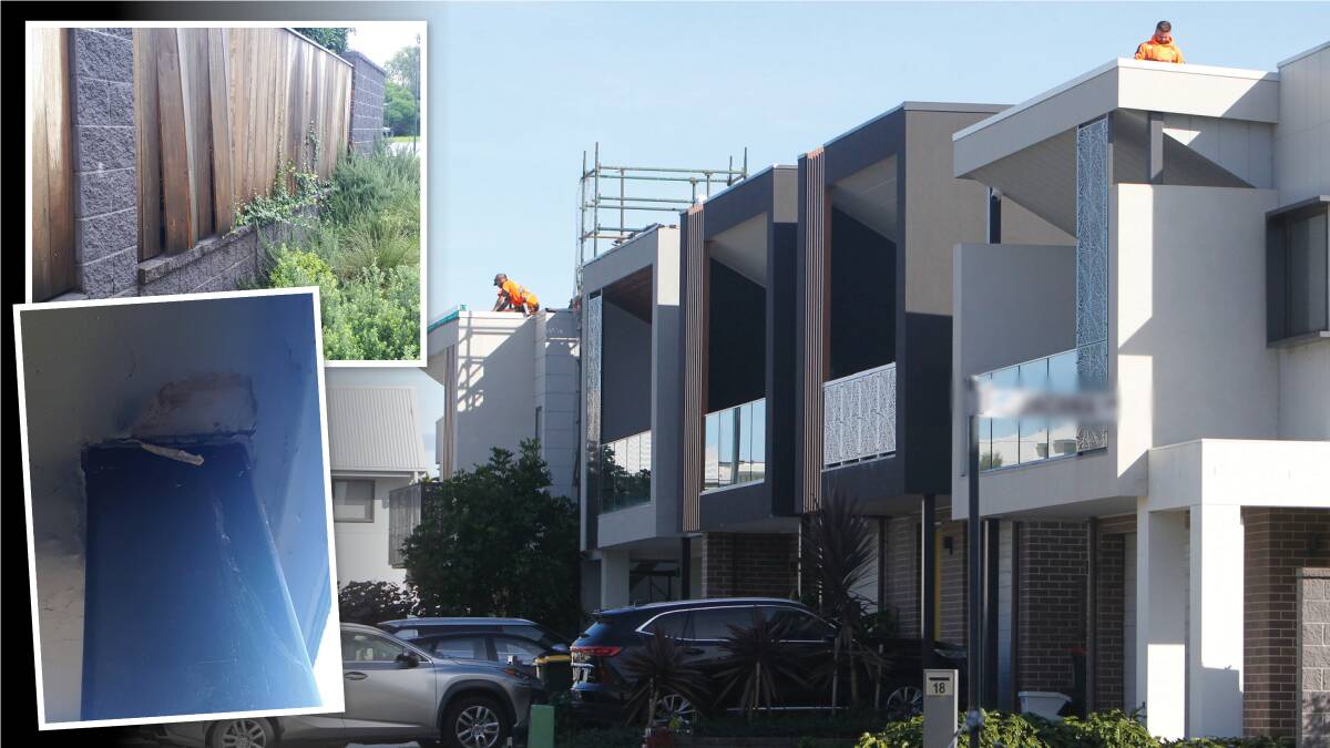 Developer Fraser is conducting remediation works after a large number of defects were found in Shell Cove homes. Inset: The leaking window and swollen fence palings in a rental within the same precinct. Picture by Sylvia Liber