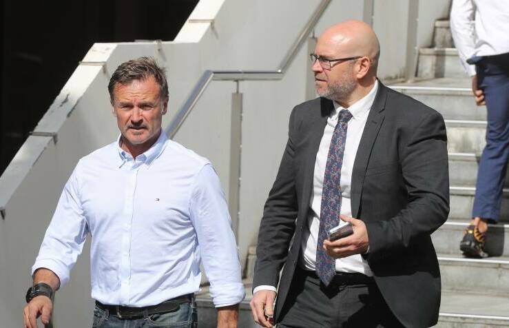 Stephen De Jong, left, departing Wollongong courthouse alongside lawyer Patrick Schmidt on August 22. Picture by ACM 