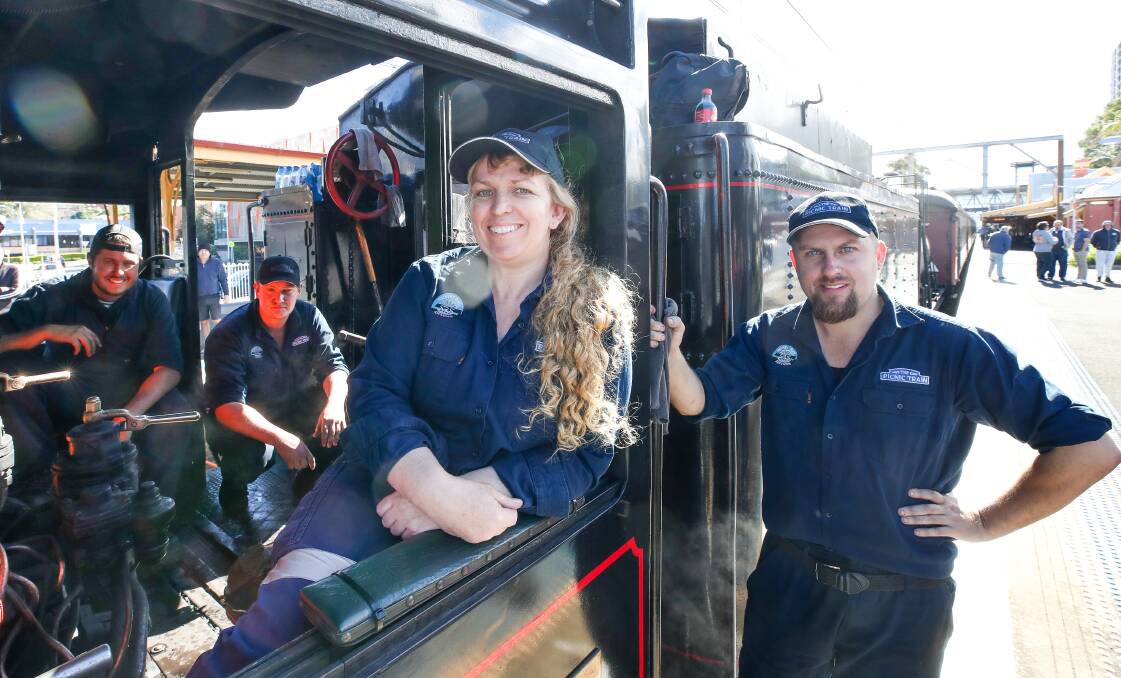 Steam train crew Benjamin Murch, Paul Mitchell, Simone de Beuzeville and Samuel Roach at Wollongong Station. Picture: Adam McLean