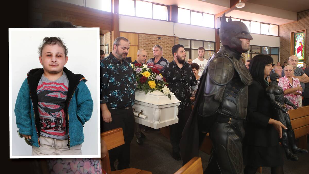 Superheroes always stick together, and so it was on Tuesday when family, friends and Leo Laganas favourite crime-fighter Batman paid tribute to the 22-year-old at his funeral service. Pictures by Sylvia Liber.