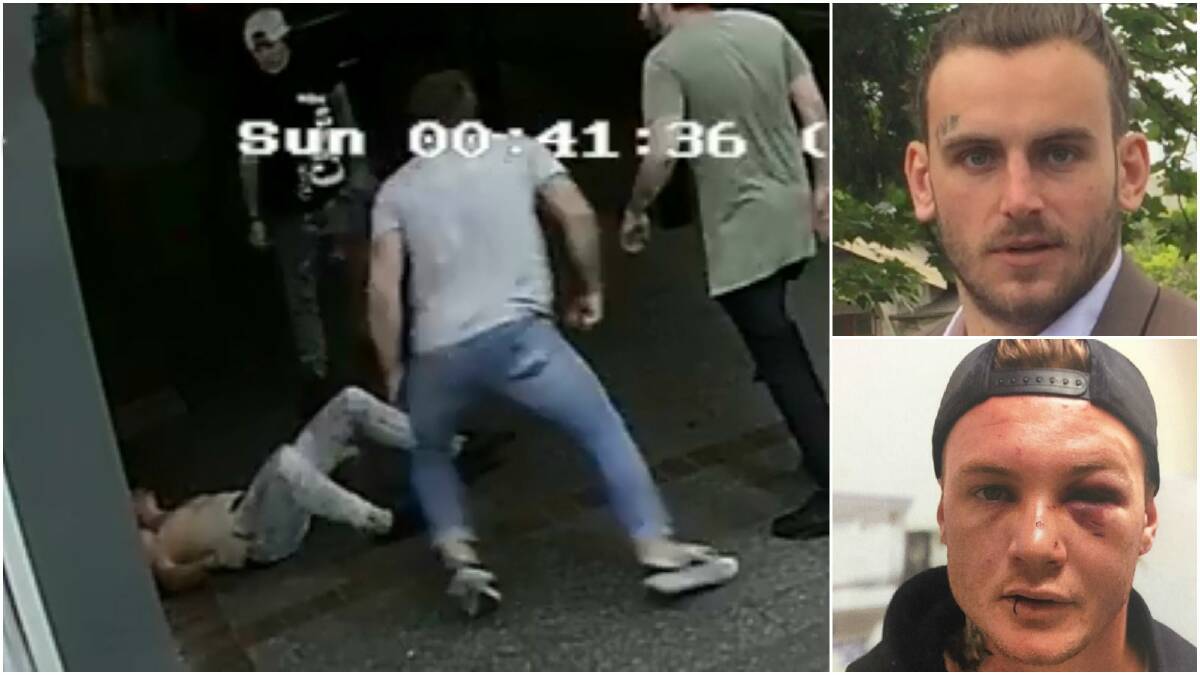 CCTV footage shows Cameron Howes (top right) throwing the first punch inside the venue at 12.45am. William Dendy's injuries from the night, bottom right. 