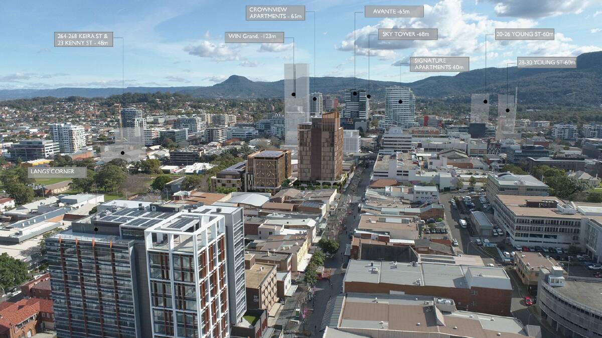 The proposed Globe development (centre) compared to various apartment complexes and commercial spaces in the Wollongong CBD. Picture by ADM Architects