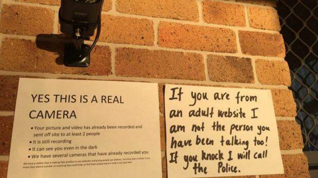 Signs and security put up by Robyn Night and her husband, River, in response to dozens of visits from men expecting sex Photo: Supplied
