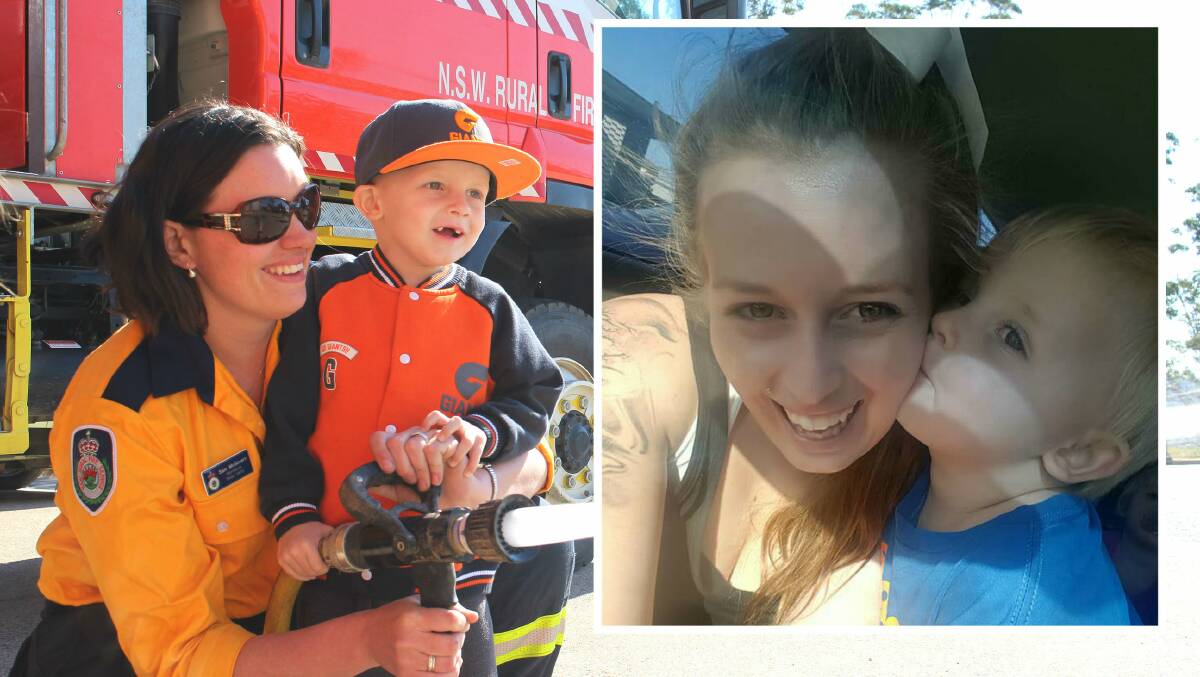 RFS volunteer Sam McGovern shows Joshua how to use the fire hose. Inset: 
Joshua with his mother Hannah White. 