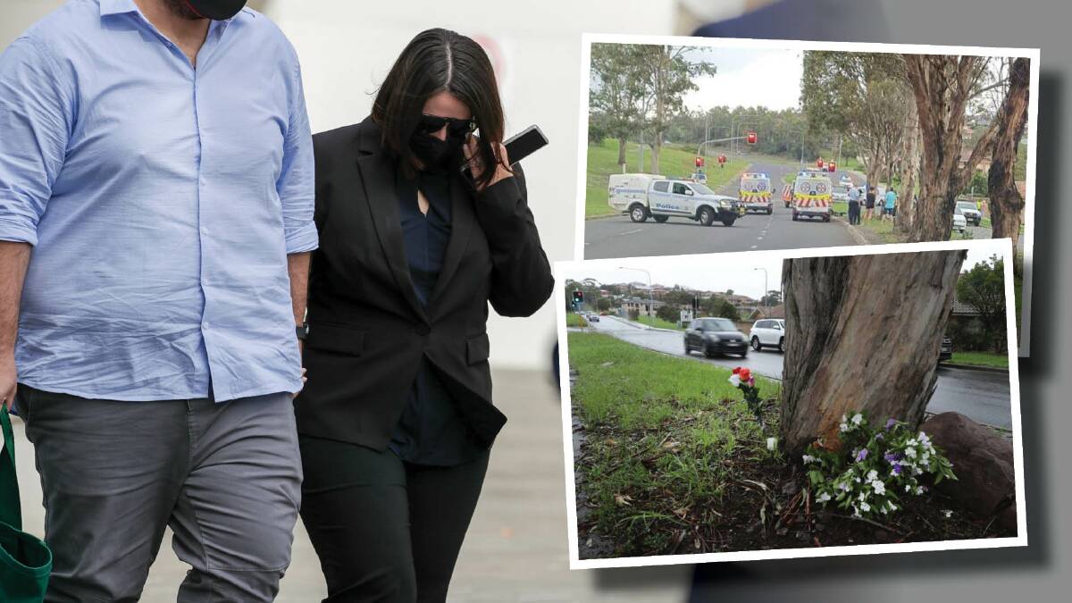 Clockwise from left: Dimity Quinlan leaves Wollongong court on Thursday, police and ambulances on Wattle Road in February 2020, and floral tributes at the scene of the accident.