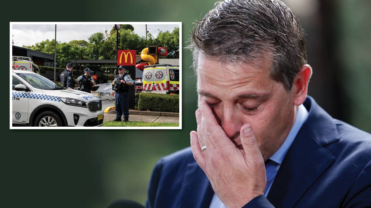 Ryan Park wipes away tears as he speaks about the death of a paramedic in Campbelltown. Main picture by Anna Warr