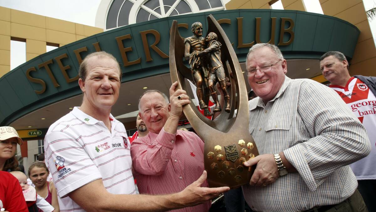 After many years of trying, Sean O'Connor, Bob Millward and Peter Newell finally bring the NRL trophy to the Steelers Club in October 2010. 