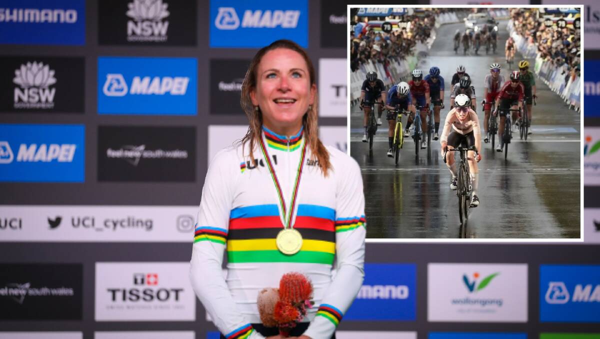 Dutch champion Annemiek van Vleuten recieves her medal and, inset, claims victory in the UCI women's elite road race.