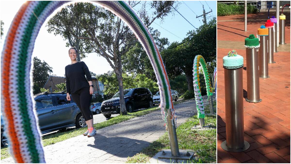 Jessica Ruiz of the The Giddy Goat cafe is a fan of the crochet covers that have spruced up a set of three bike racks on Gipps Street in Keiraville. Right: Free hats outside Wollongong City Library. Main picture: Adam McLean