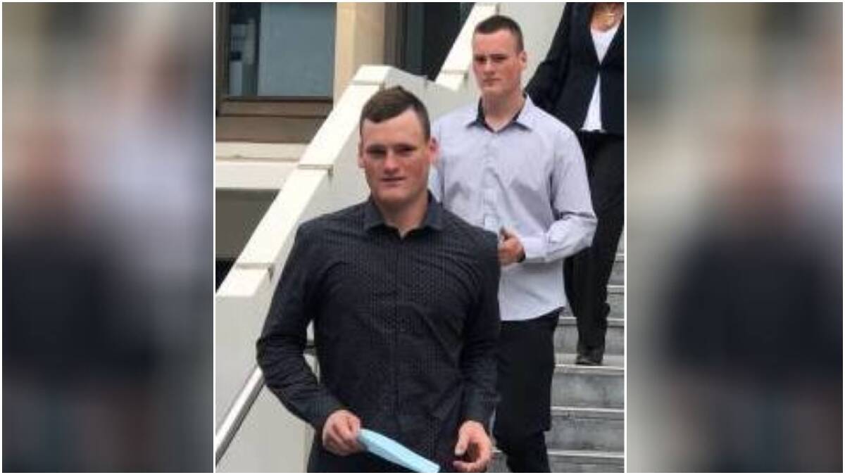 Identical twins Leroy and Riley Hezemans leave Wollongong courthouse after pleading guilty to robbery in company charges.
