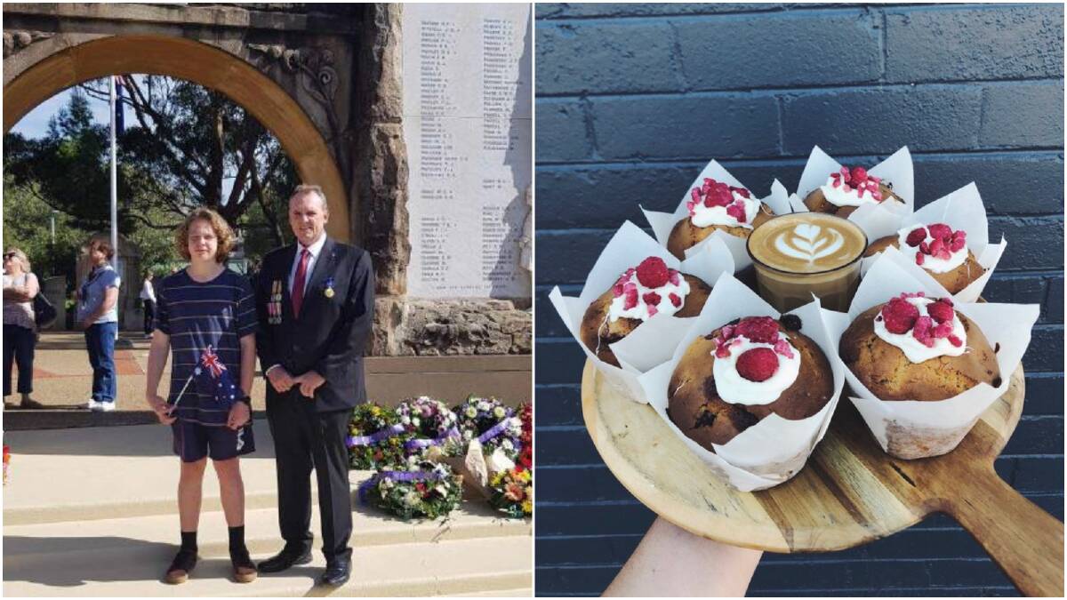 Left: Leigh Stewart, who has launched the 'Anzac Day 2020 Illawarra Digger Drop Off', pictured with son Daniel on Anzac Day last year. Right: Some of the treats that His & Hers cafe at Corrimal have prepared for the 'respect packages'. Picture: Supplied