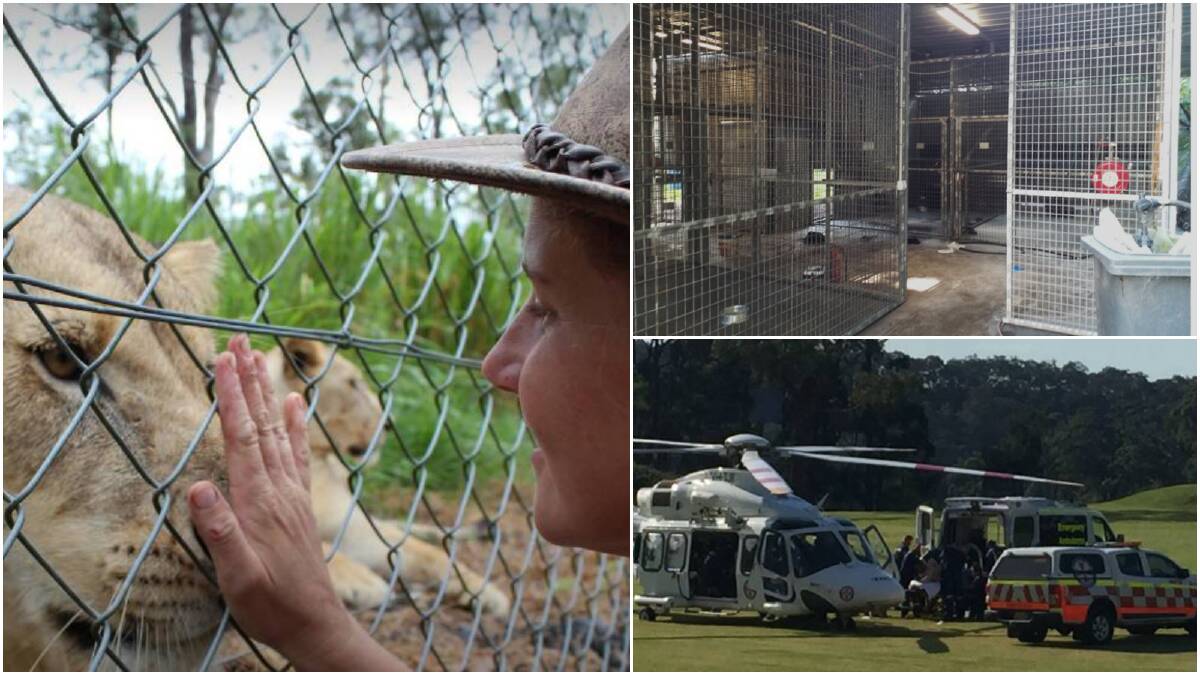 Shoalhaven Zoo keeper Jennifer Brown, the cage where the incident took place and emergency services on the scene soon after.