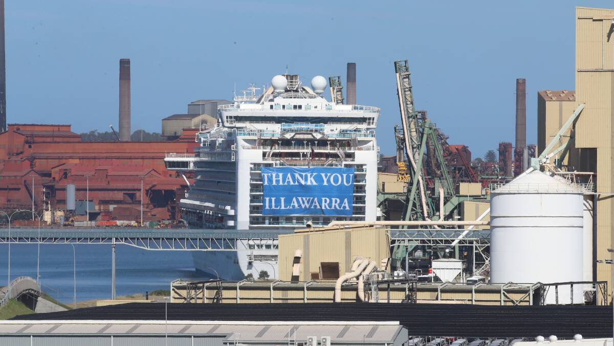 A sign of appreciation hangs from the side of the Ruby Princess on Thursday. Photo: Sylvia Liber