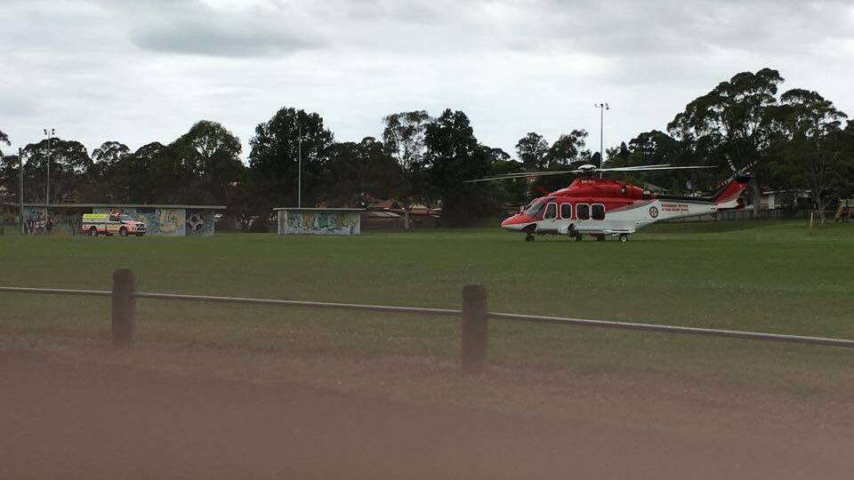 The rescue helicopter at Lakeside Oval in Dapto. Picture: Darren Langlois