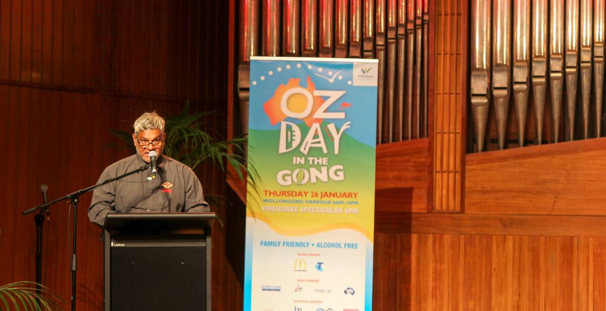 Aboriginal elder Richard Davis giving the Welcome to Country at Wollongong Town Hall for the Australia Day citizenship ceremony. Picture: Adam McLean