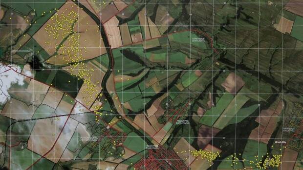 Yellow dots mark the spread of the wreckage over Ukrainian fields. Picture: Kate Geraghty