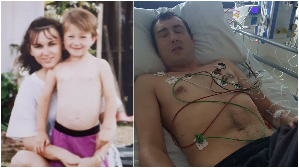 Mother and son before drugs entered their world, left, James lies in intensive care after a drug overdose, right.