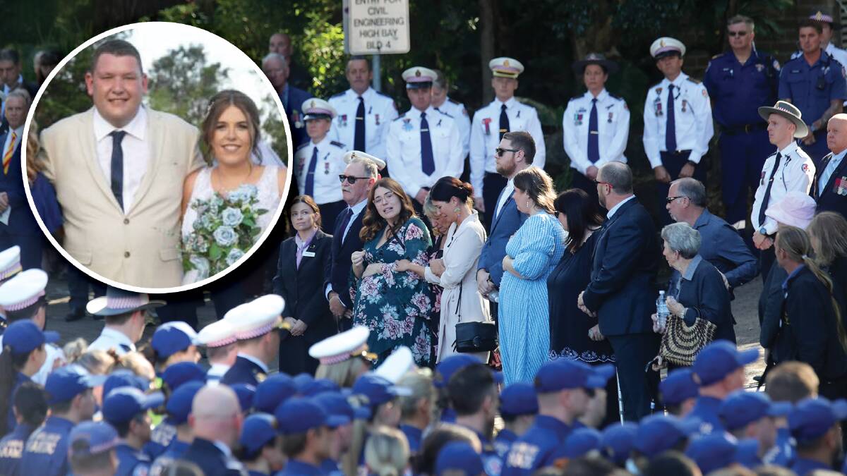 A pregnant Madison at the memorial for her late husband Steven Tougher on Monday and, inset, on his wedding day. Main photo: Sylvia Liber