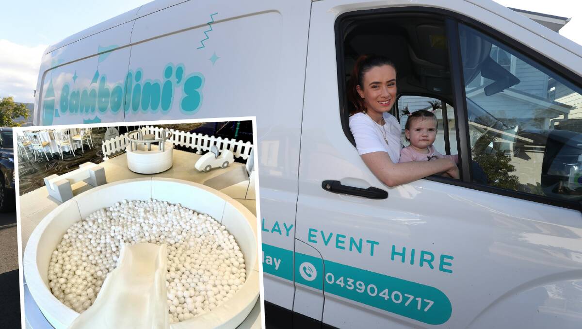 Sandy and Sofia Manfredi in the Bambolini's van, which delivers luxury soft-play hire equipment to parties across the Illawarra. Picture by Robert Peet