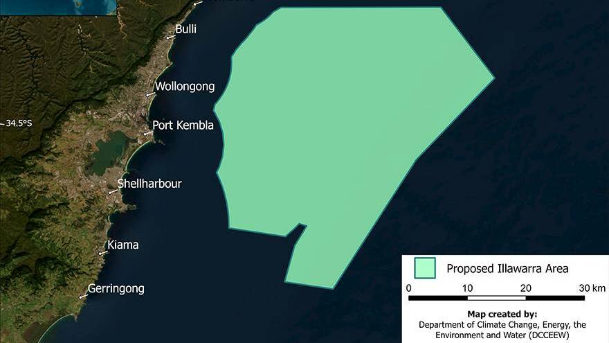 A map showing the proposed area for the wind zone, which stretches from Wombarra to Gerringong.