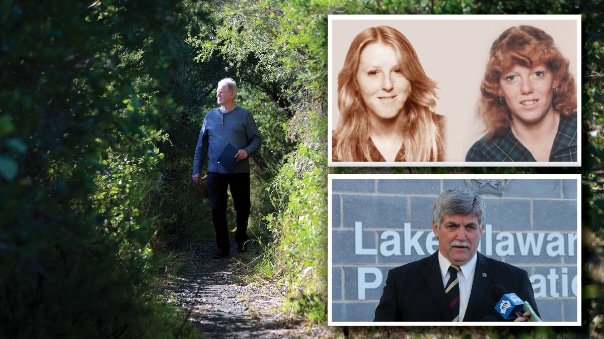 Jeff Dakers walks along a path in the sand dunes at Windang, missing girls Toni Cavanagh and Kay Docherty and Detective Chief Inspector David Laidlaw. 