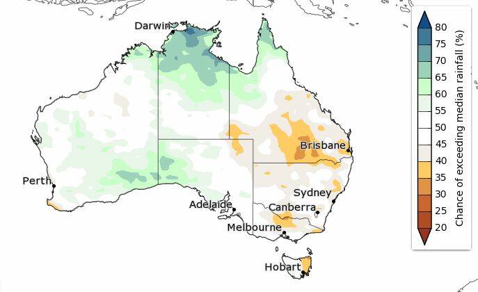 Rainfall predictions from March to May, showing the Illawarra will receive on or below average rainfall. Source: BoM