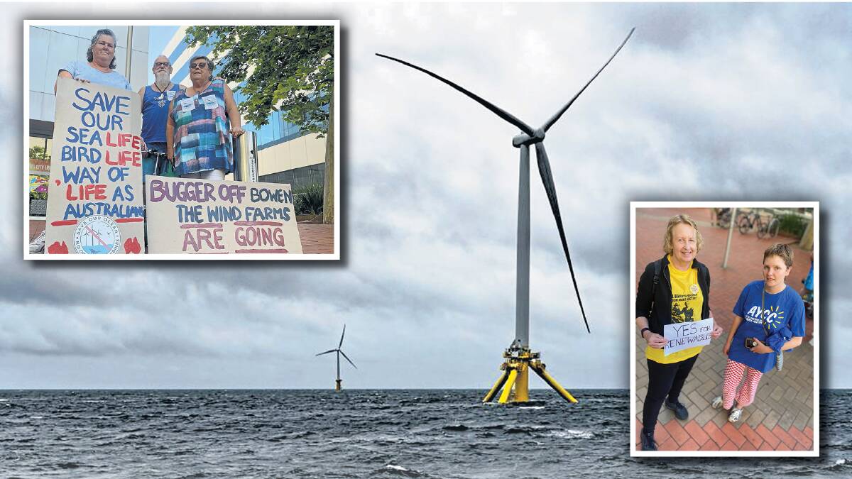 Residents for and against the Illawarra offshore wind zone proposal hold protest signs in front of the Wollongong council building on Monday evening. 