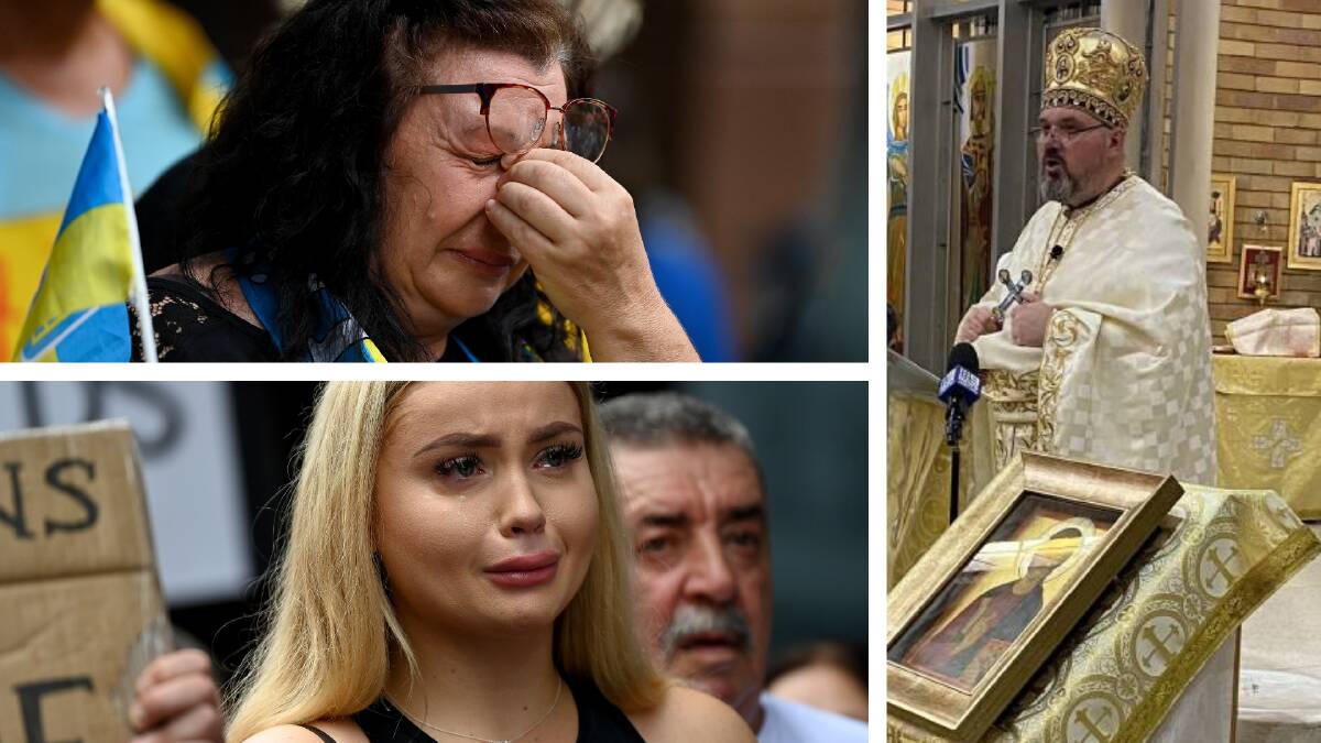 Protesters at a rally against the war in Ukraine at Martin Place in Sydney. Right: Wollongong Father Simon Ckuj has been leading Ukrainian congregations in prayer at a Lidcombe parish. Photos: AAP Image