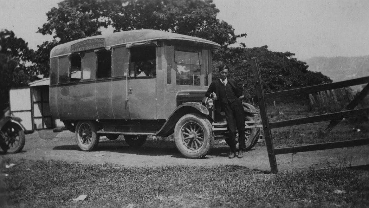Tom Dion in 1927 with one of the Dion's buses at Fairy Meadow. Picture: the Dion family