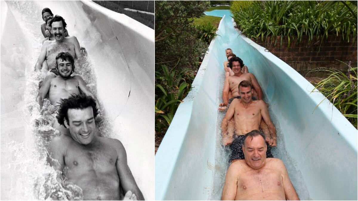Park owner Jim Eddy joined staff to recreate an image the Illawarra Mercury took when the slide first opened. Photo on right: Adam McLean