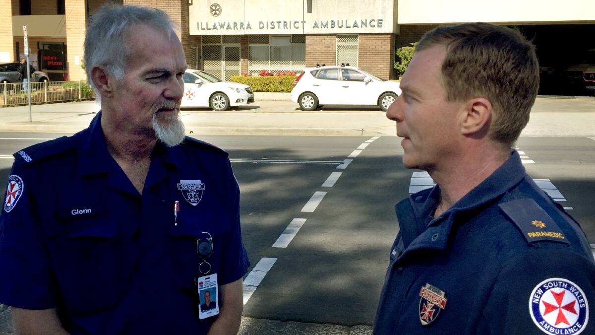 Australian Paramedics Association (NSW) vice-president Glenn Congram and secretary Steve Pearce outside Wollongong Ambulance station. Picture: Agron Latifi
