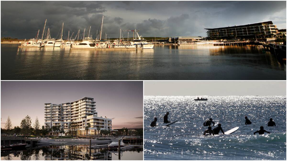 The new Shell Cove marina, a local surf break, and an artist's impression of the Crowne Plaza,