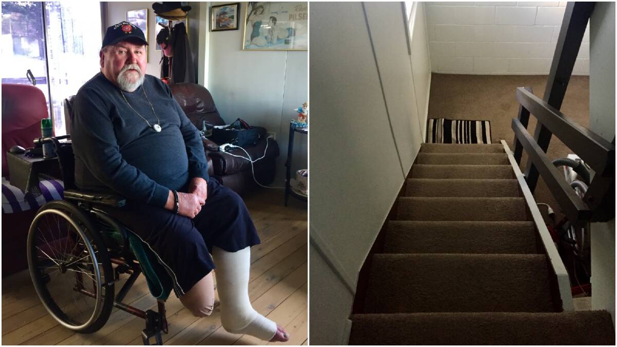 Tony Candy of Tuross Head has been trapped in his home since September 2016. The staircase is too narrow for a chair lift to be installed and the gradient too steep for a ramp. Photos: Duncan McLaughlin.