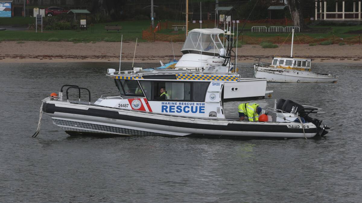 The Marine Rescue boat that brought the visiting divers back to the Shellharbour Boat Ramp. The divers got into difficulties while diving at Bass Point. Picture: Robert Peet